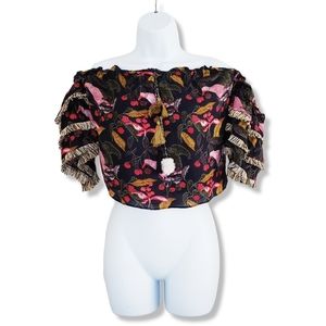 Red Carter Koral Off Shoulder Bird Print Ruffle Tassel Top Small